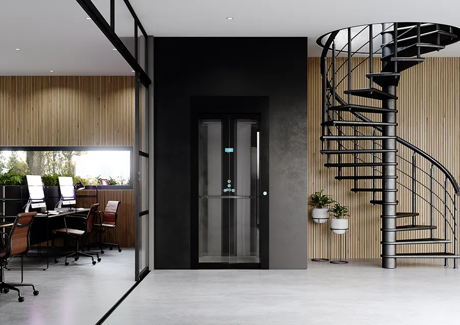Moderner Homelift Aufzug in einem stilvollen Innenraum mit Wendeltreppe