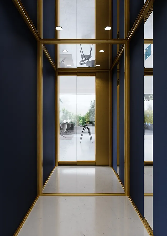 Homelift mit goldenen Akzenten und Glaswänden in elegantem Aufzug-Design